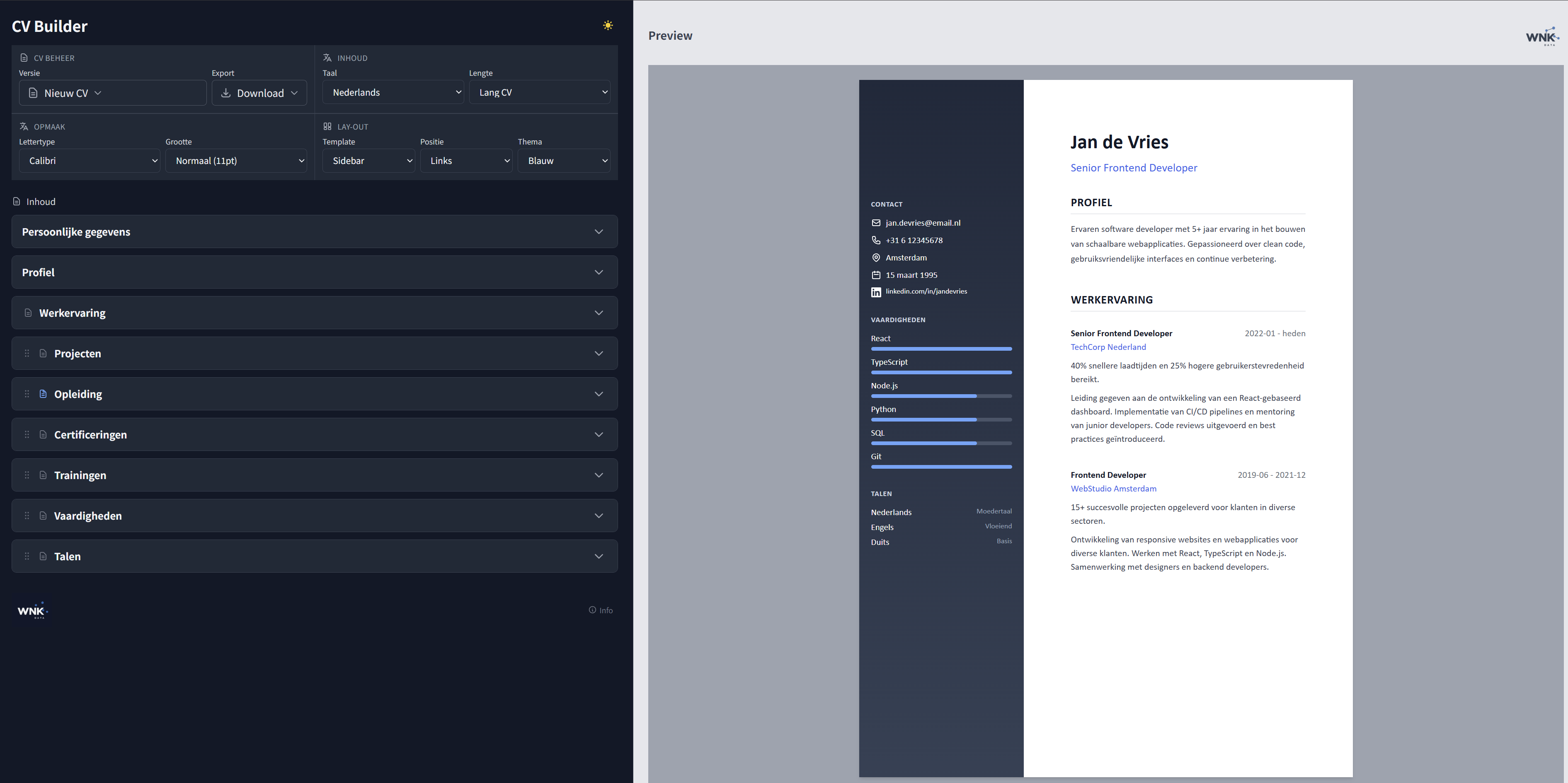 Screenshot van de CV Builder applicatie met formulier en live preview